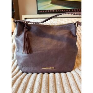 Elaine Turner Purple Pebbled Leather Hobo Shoulder Bag Braided Strap Tassel Plum